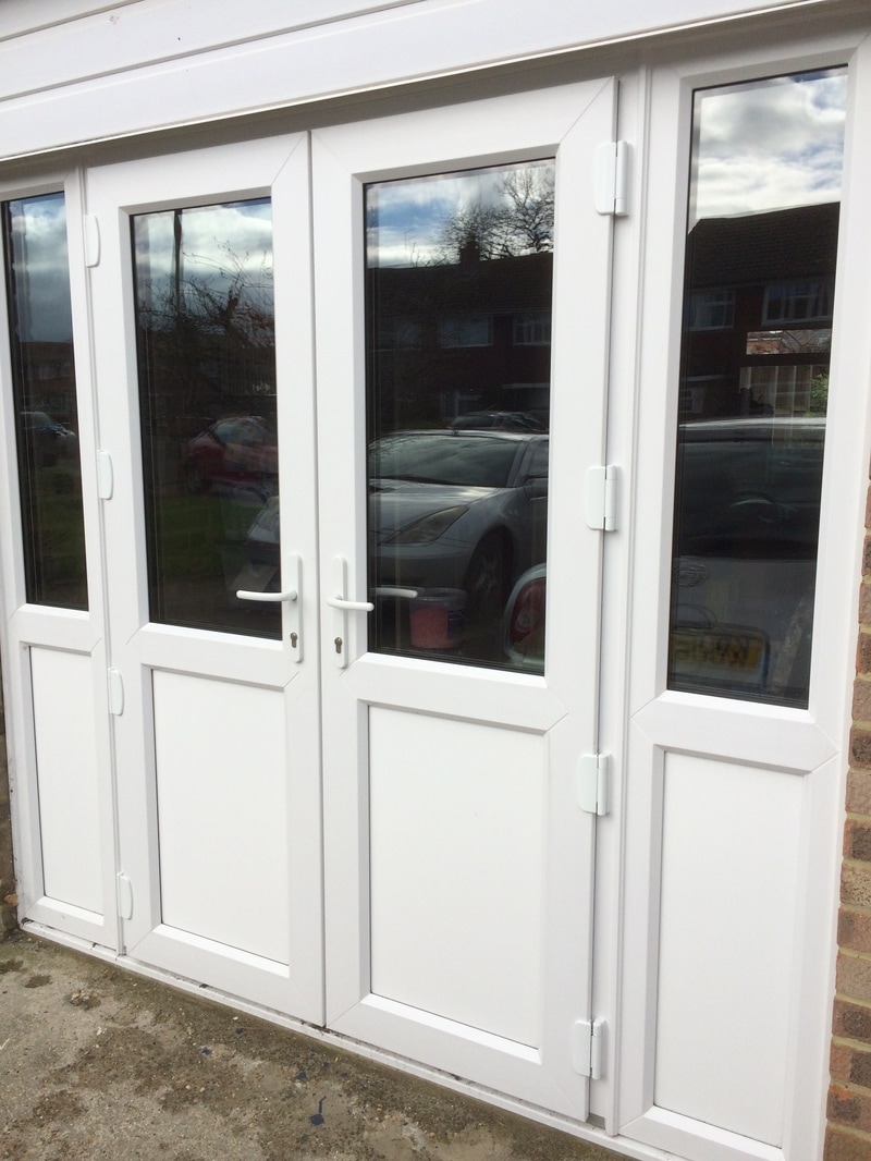 Upvc Double Glazed Frenc Doors Kent Home Improvements 01843 299000 French Doors High Security Double Glazed Upvc White And Side Panels
